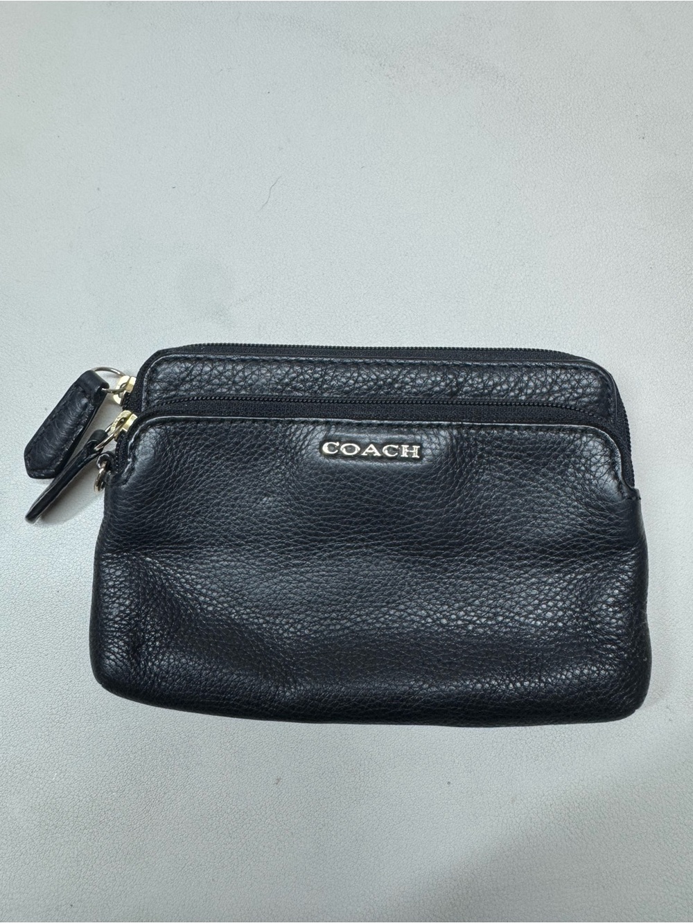 Vintage Coach Black Pebbled Leather Double Zip Pouch with Gold Logo